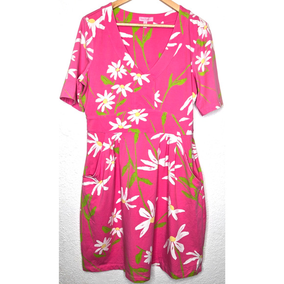 Lilly Pulitzer Dress Womens XL Pink Floral Daisy Stretch Mini V Neck Pockets - Picture 1 of 10